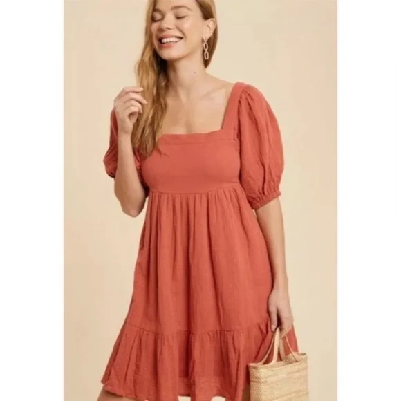 SOLD OUT Burnt Coral Gauze Boho Ruffle Babydoll Dress - Picture 4 of 7
